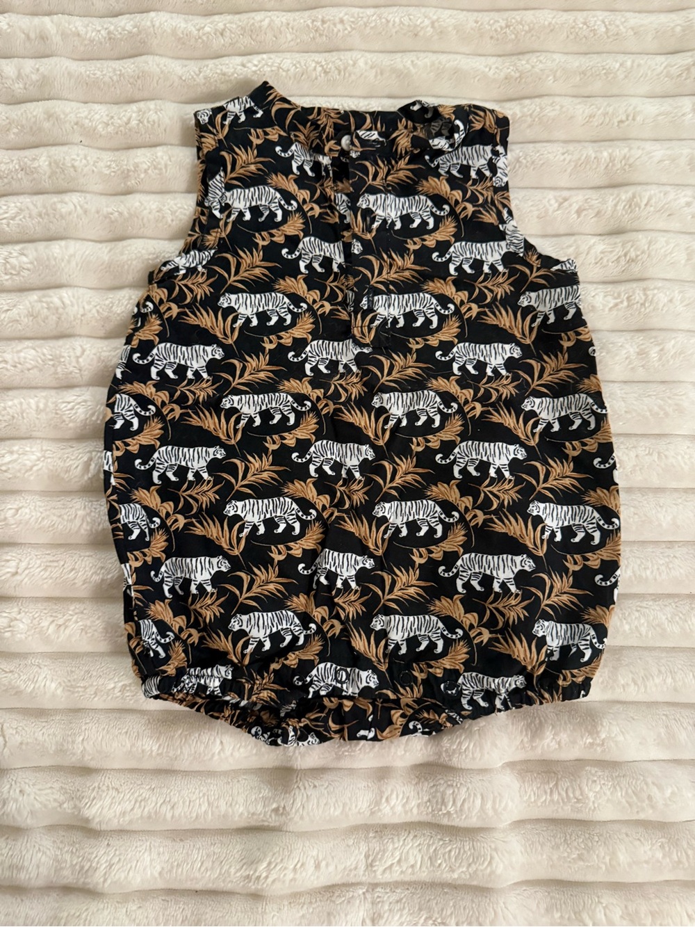 Janie and Jack Black Tiger Print Bubble Romper with Tan Leaves